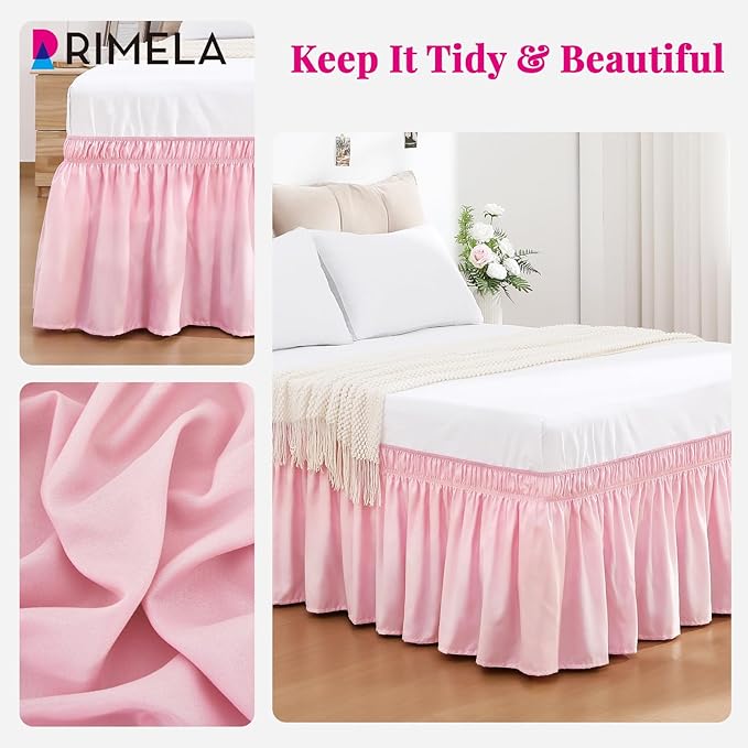 RIMELA Bed Skirt Twin Size Dusty Pink 15 Inch Drop, Wrap Around Elastic Bedskirt, Dust Ruffle for Adjustable Bed Base Soft Durable Fabric Machine Washable Easy to Install Bed Skirts