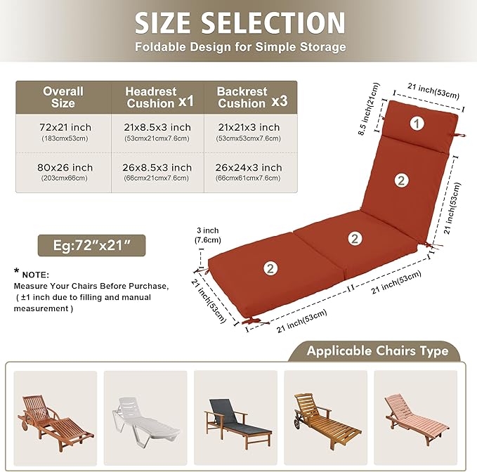 Chaise Lounge Cushion 80x26x3 Inch ?Set of 2 Outdoor Lounge Chair Cushions, Lounger Pad Replacement with Fade-Resistant, Removable & Machine-Washable Covers, Ideal for Patio Chaise Chairs, Rust