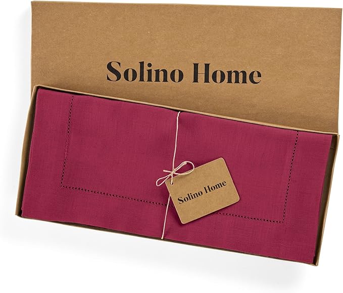 Solino Home Linen Table Runner 36 Inches - 100% Pure Linen Beet Hemstitch Table Runner 14 x 36 Inch Ideal for Dresser and Coffee Tables - Christmas, New Year, Winter - Classic Hemstitch