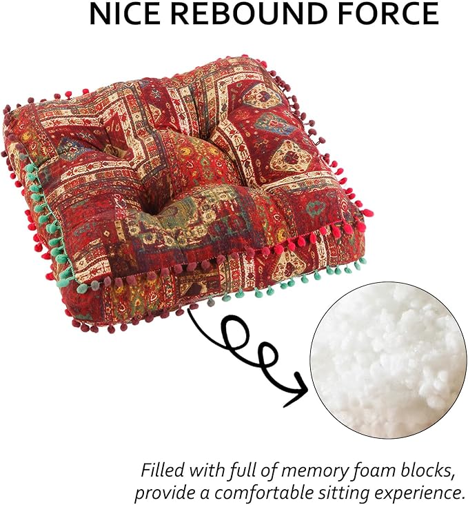 Bohemian Seat Cushion，Indoor & Outdoor 16.5" x 16.5" Seating Cushion for Dinning Chairs, Decorative with Tassels(4Pcs, Red)