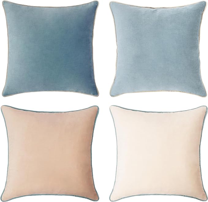 MONDAY MOOSE Decorative Throw Pillow Covers Cushion Cases, Set of 4 Soft Velvet Modern Double-Sided Designs, Mix and Match for Home Decor, Pillow Inserts Not Included (16x16 inch, Beige/Light Blue)