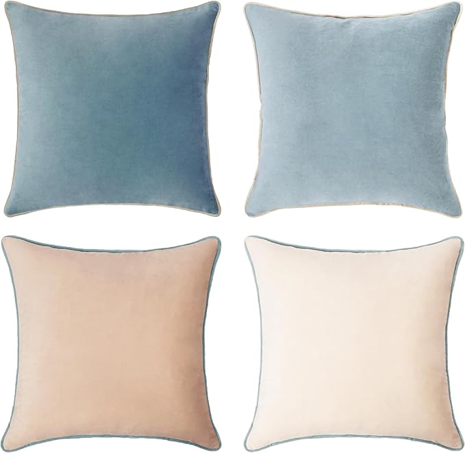 MONDAY MOOSE Decorative Throw Pillow Covers Cushion Cases, Set of 4 Soft Velvet Modern Double-Sided Designs, Mix and Match for Home Decor, Pillow Inserts Not Included (18x18 inch, Beige/Light Blue)