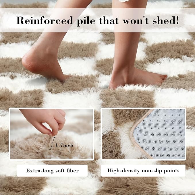 Checkered Rug for Bedroom, 3x5 Beige and White Area Rugs, Classic Checkered Carpets Shaggy Area Rug, Bedside Rugs for Living Room Bedroom Kids Room Home Decor