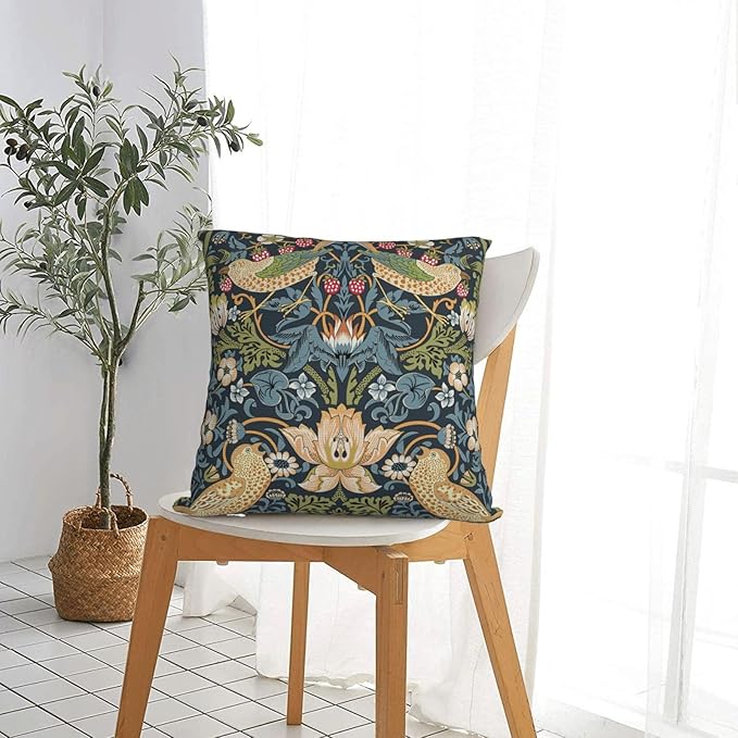 William Morris Vintage Floral Bird Strawberry Thief 18x18 inches Pillow Cover, Outdoor Farmhouse Pillow Cover Home Decor for Couch Sofa