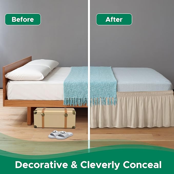 Biscaynebay Wrap Around Bed Skirts for Full & Full XL Beds 22" Long Drop, Light Camel Adjustable Elastic Dust Ruffles Easy Fit Wrinkle Resistant Silky Luxurious Fabric Machine Washable
