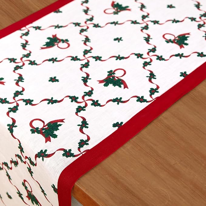 Solino Home 100% Pure Linen Christmas Table Runner 72 Inches Long - Red and Green Table Runner 14 x 72 Inch - Handcrafted and Machine Washable - Holly Ribbon Print