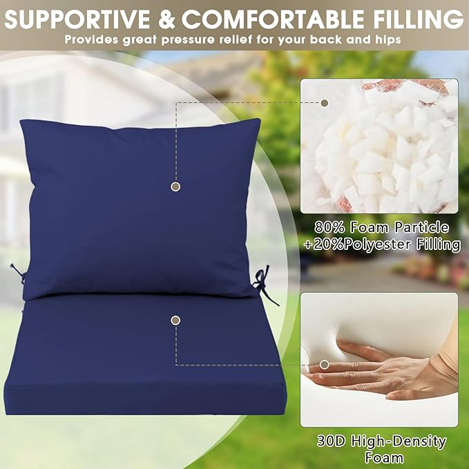 Outdoor Seat Cushion Set 22 x 22 In, Water-Resistant & Fade-Resistan, Patio Furniture Cushions with Removable Cover Deep Seat & Back Cushion with Handle and Adjustable Straps for Chair Sofa,2PC