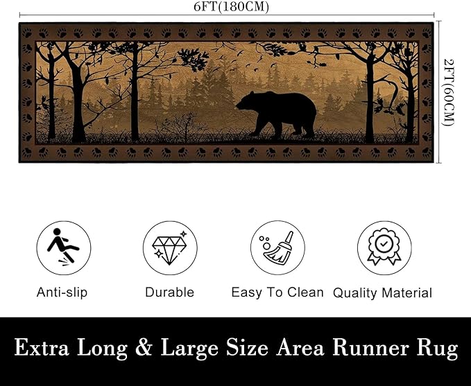 Rustic Cabin Wildlife Runner Rug 2x6,Bear Country,Ultra-Thin Throw Carpet Washable Kitchen Runners Vintage Hallway Rug Entrance Door Mat Non Slip Accent Area Rugs for Entryway,Laundry,Bathroom