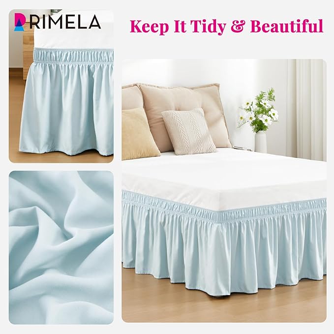 RIMELA Grayish Blue Bed Skirt Queen Size 15 Inch Drop, Wrap Around Elastic Bedskirt, Dust Ruffle for Adjustable Bed Base Machine Washable Easy to Install Bed Skirts