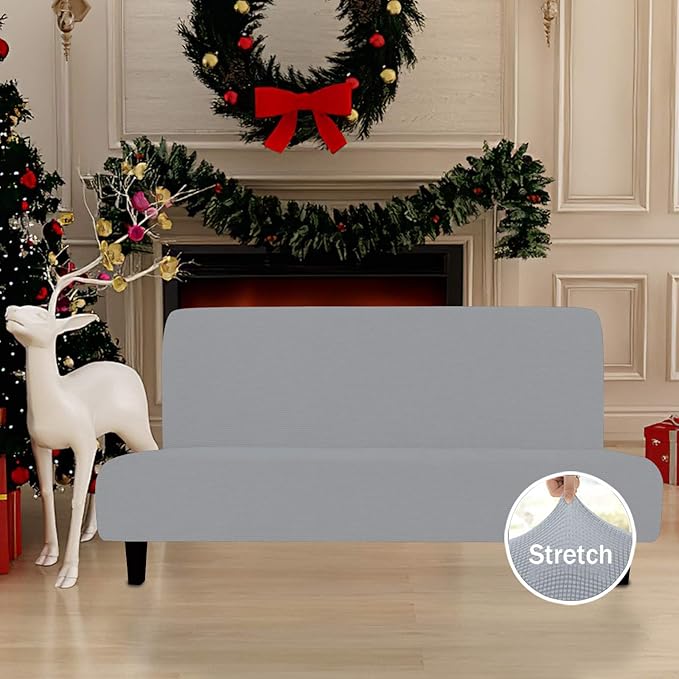 Easy-Going Stretch Futon Slipcover Armless Futon Bed Cover Furniture Protector Without Armrests with Elastic Bottom for Kids, Soft Jacquard Fabric Small Checks (Large, Silver Gray)