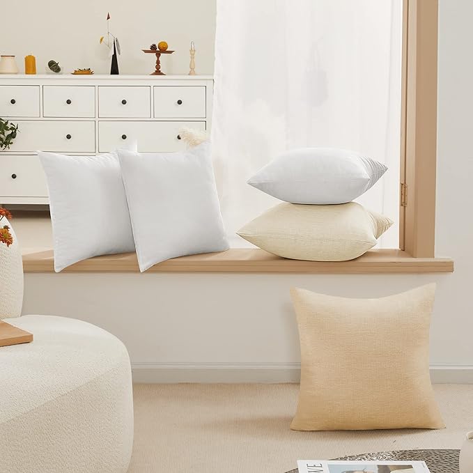 Deconovo Decorative Throw Pillow Covers - Set of 4 Soft Linen Cushion Covers, 18x18 Inch, Green & Machine Washable Pillowcases for Sofa, Bedroom,Living Room Décor, Natural White,COVERS ONLY,No Inserts