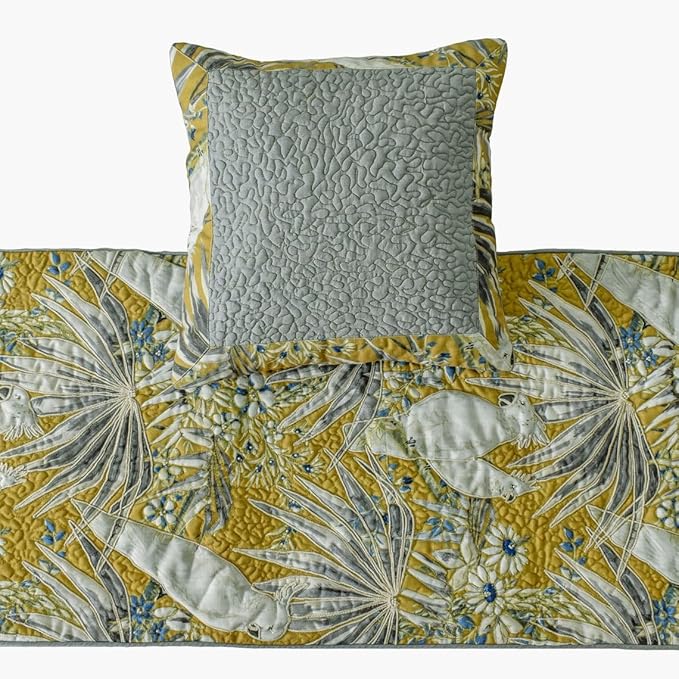 The HomeCentric King/Queen/Twin Grey & Yellow Decorative Queen 74"x18" Bed Runner with Pillow Cover, Cockatoo Bird & Quilted Bed Scarf on Cotton Fabric - Cockatoo Love