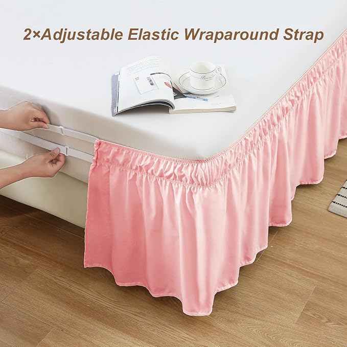 MEILA Wrap Around Bed Skirt Three Fabric Sides Elastic Dust Ruffled 18 Inch Tailored Drop,Easy to Install Fade Resistant-Pink, Twin/Full