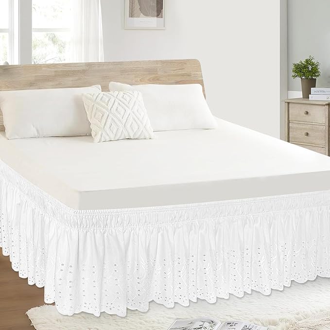 Twin Bed Skirt, Wrap-Around Elastic Ruffled Eyelet Bed Skirt Twin Size Dust Ruffle with Gathered Styling and Embroidered Details, 14" Drop Length (White)