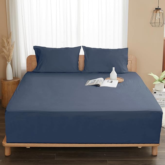 Sunflower King Fitted Sheet, 1-Piece Deep Pocket Fitted Bottom Sheet 16", 100% Cotton Sateen Soft Breathable, Blue Indigo