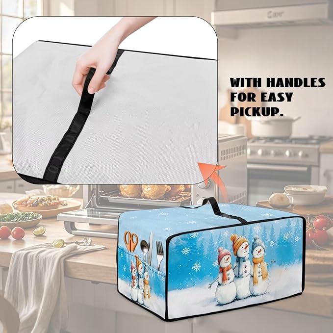 Christmas Air Fryer Toaster Oven Dust Cover Protective Convection Oven Cover with Side Pockets, Decorative Small Kitchen Appliances Protector for Holiday Decor, L, Snowman Snowflake Blue