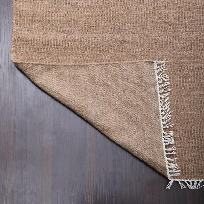 Rugsotic Carpets Hand Woven Flat Weave Kilim Wool ECO-Friendly Area Rugs - 8'x10', Rectangle Shape, Light Brown Color, Solid Plain Design, Low Pile Handmade Rugs for Living Room (D00111)