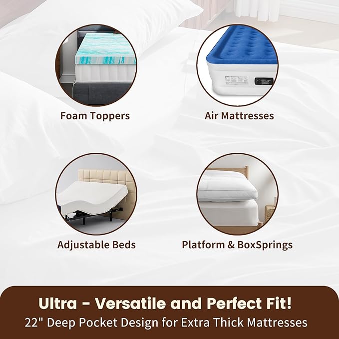 100% Linen Sheet Set Queen Size Extra Deep Pocket Fits 18-24 Inch Mattress, Breathable & Soft, Smooth 6-Piece Set for Thick Mattresses Hotel Luxury Bedding（Queen, White）