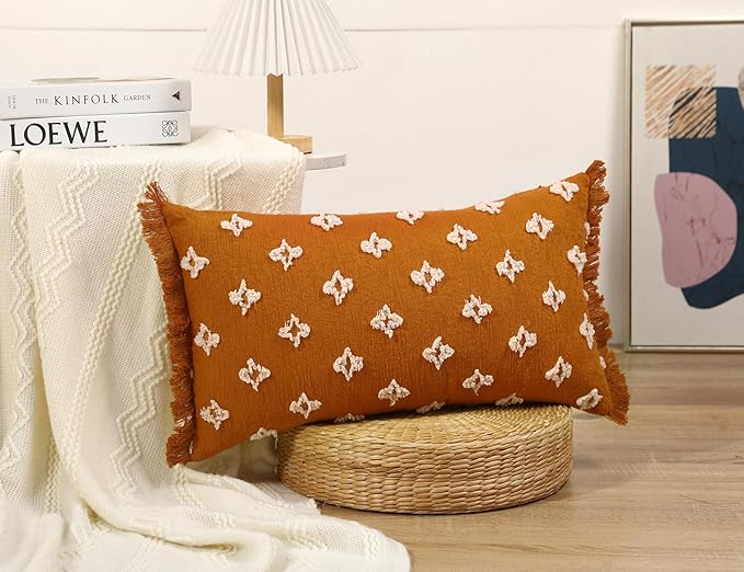 Boho Long Lumbar Pillow Cover 14x28 with Tassel,3D Flower Patterned Cotton Decorative Long Lumbar Pillow Cover Pillow Case for Sofa Couch Bed Livingroom Farmhouse,Rust Red