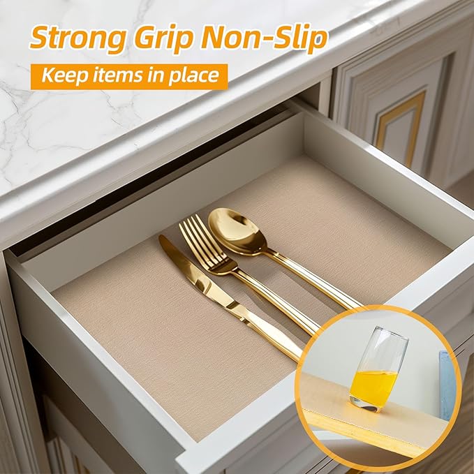 Shelf and Drawer Liner for Kitchen Cabinets Non-Adhesive, Strong Grip Non-Slip Thickened Cabinet Liners for Shelves, Waterproof Mats for Dresser Cupboard, Khaki, 12 in x 20 Feet