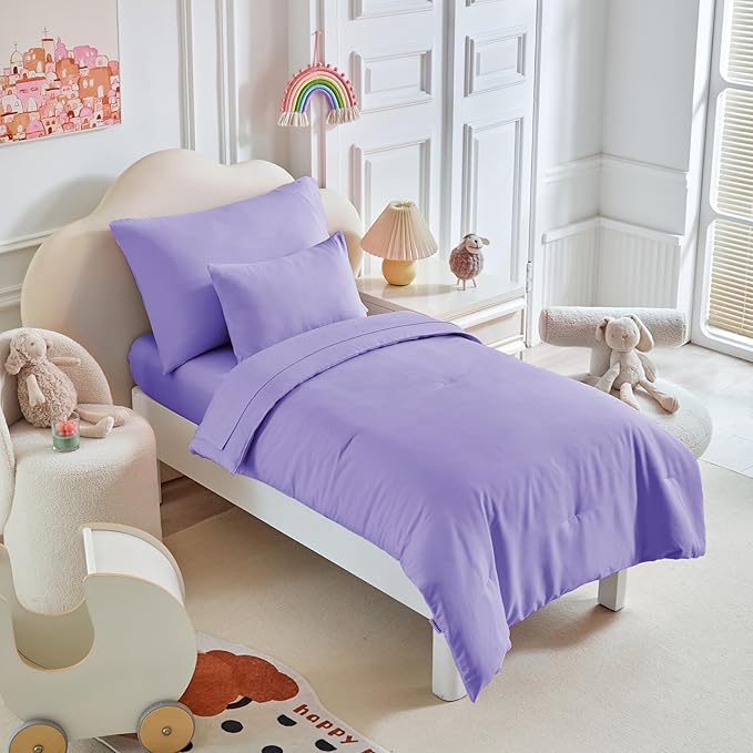 Toddler Bedding Set - 5 Piece Soft and Breathable Toddler Bed Set for Boys and Girls, Includes Quilted Comforter, Fitted Sheet, Flat Top Sheet, Standard Pillowcase and Toddler Pillowcase, Purple