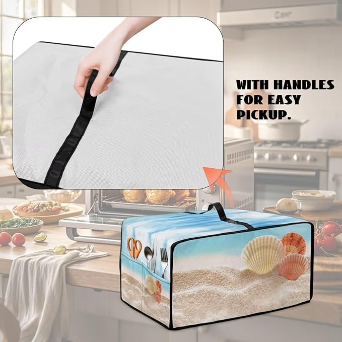 Toaster Oven Dust Cover Protective Microwave Oven Cover with Pockets, Small Appliance Decor for Kitchen Countertop, L, Beach Seashell