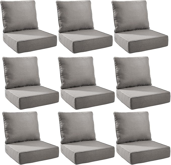 Outdoor Cushion Set for Furniture Patio Furniture, UV Resistant, Water Resistant - 6 Inch Thick Foam Garden Cushions– 24x24 Inch Patio Seat Covers for Chair/Sofa/Couch | Grey | 9-Pack |