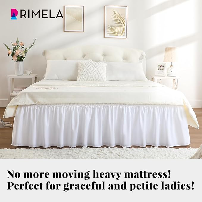 RIMELA White Bed Skirt Queen Size 15 Inch Drop, Elastic Bed Skirting for Bed Base and Frame, Bedding Dust Ruffle Easy to Install, Wrap Around Adjustable Bedskirt