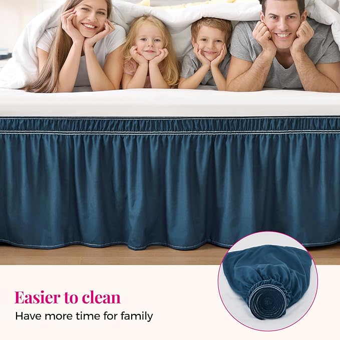 RIMELA Dusty Navy Bed Skirt Queen Size 18 Inch Drop, Wrap Around Elastic Bedskirt, Dust Ruffle for Adjustable Bed Base Machine Washable Easy to Install Bed Skirts