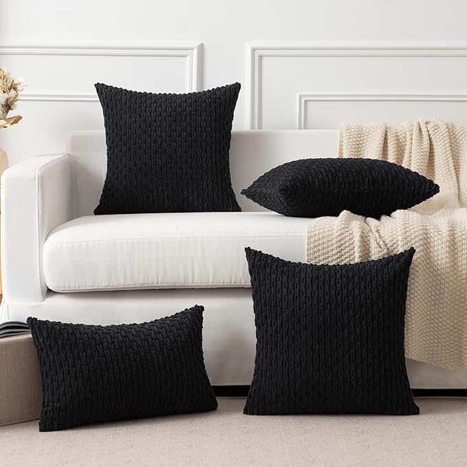 Kevin Textile 12x24 Inch Pillow Cover 1 Pack Boho Decorative Soft Striped Corduroy Lumbar Farmhouse Accent Rectangle Cushion Case for Living Room Couch Sofa Bed, Black