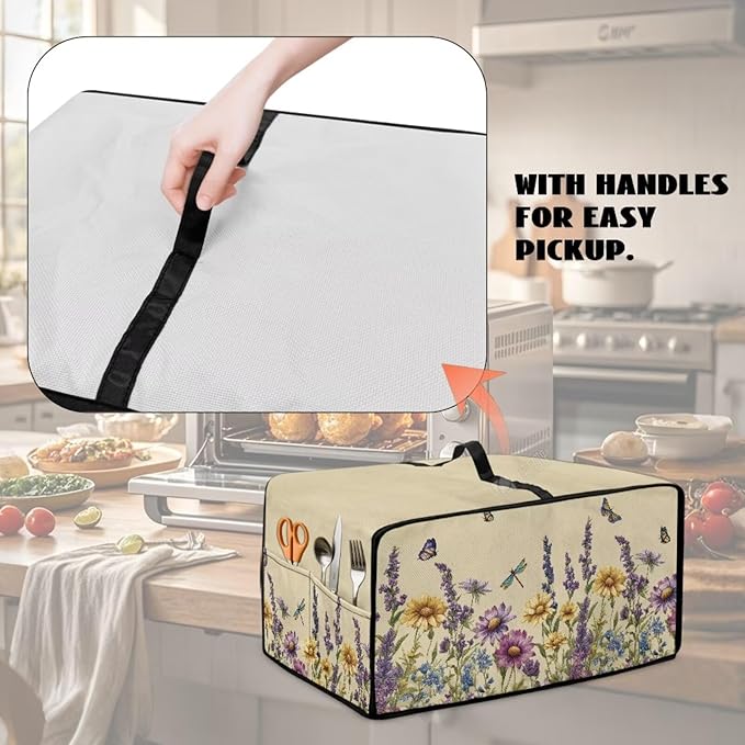 Convection Toaster Oven Cover with Side Pockets, Dust-Proof Smart Microwave Oven Protector for Countertop Decorations, L, Floral Butterfly Dragonfly