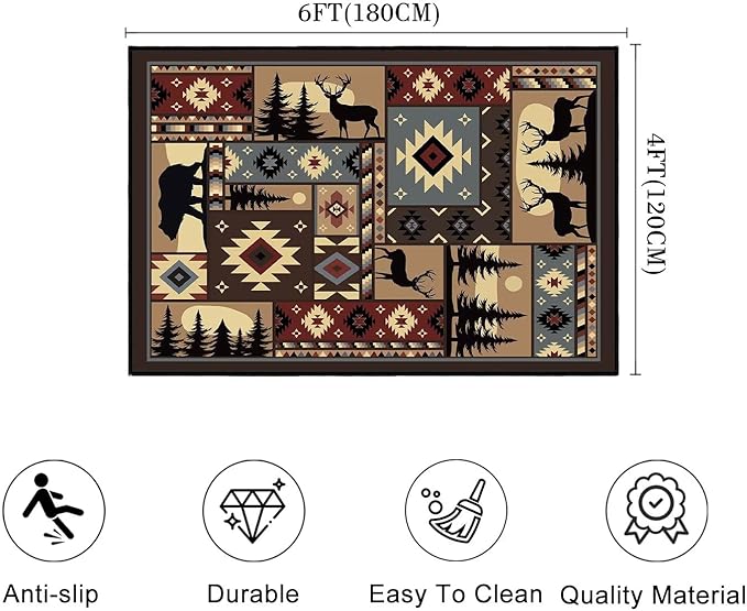 Rustic Rug for Bedroom,Cabin Wildlife Area Rug 4x6 Carpets Runner for Living Room,Buffalo Plaid Bear Moose Deer Country,Washable Throw Rugs Indoor Doormat Non Slip Floor Mats for Dining Room,Laundry