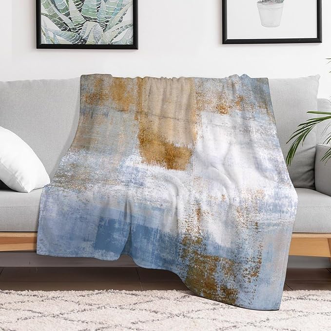 Abstract Gradient Blanket, Modern Fashion Art Blue Brown Painting Strokes Pattern Soft Warm Cozy Plush Flannel Covers for Livingroom Bedroom Couch Chair Camping Travel Home Decor Tapestry 40x50in