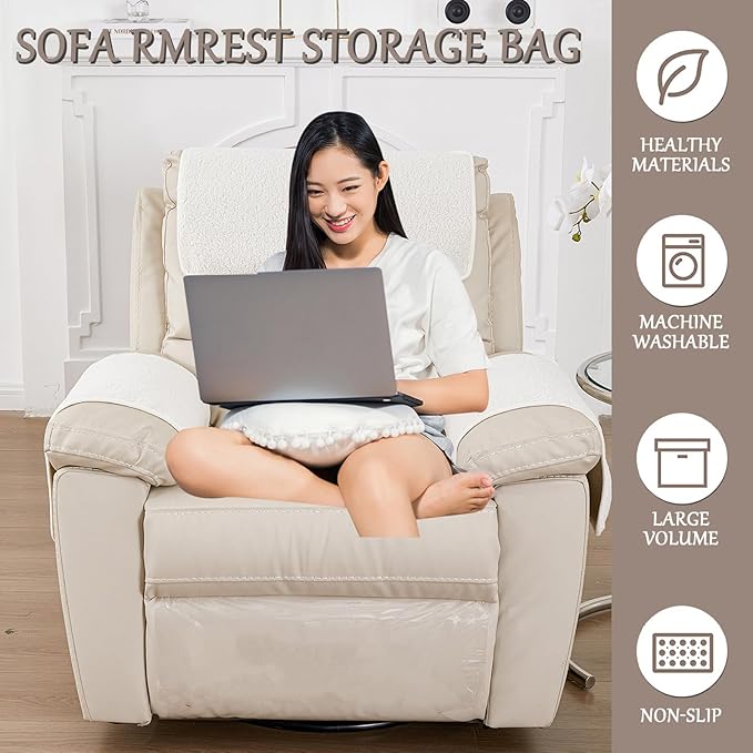 Armrest Cover, Recliner Chair Protector, Furniture Protector Slip, Side Storage Pocket, Stretch Armchair Couch Arm Rest Cover for Recliner, Chair, Sofa (Beige,2 Seater(4pcs))