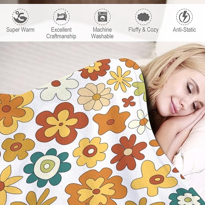 Vintage Hippie Floral Blanket, 70s Boho Abstract Yellow Orange Flowers Funny Print Throw Blanket for Holiday Theme Home Decor Bedding Couch 60"x80"