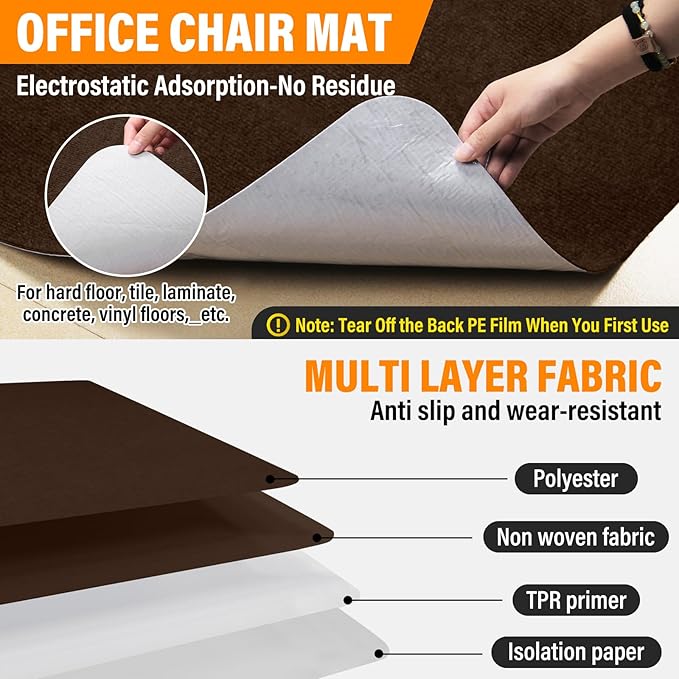 Office Chair mat for Hardwood Floor,55"x35" Anti-Slip Floor Protector for Home Office,Under Desk Mat,Computer Chair mat for Rolling Chairs Charcoal Coffce