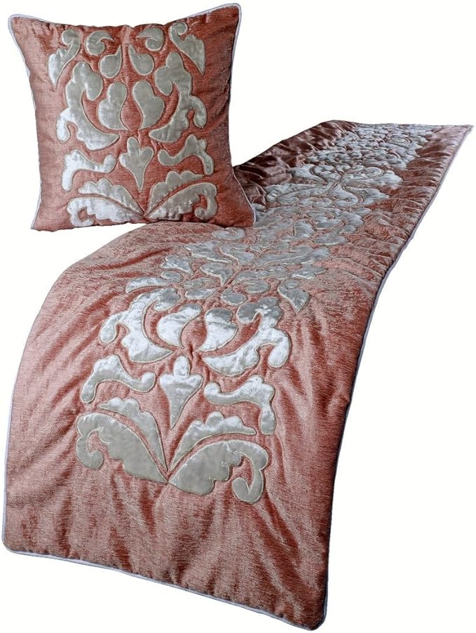 The HomeCentric Luxury Peach & Ivory Full 68 x 18 inch Bed Runner with Pillow Cover, Velvet Applique Bed Scarf, Abstract Modern - Peach Elegance