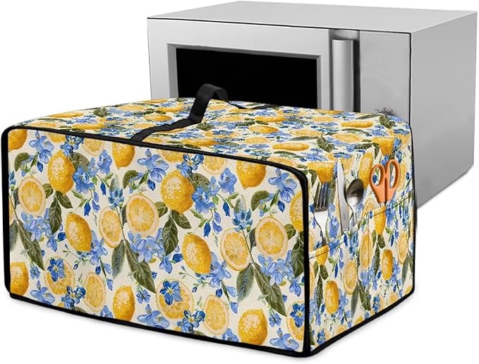 Waterproof Dust-Proof Microwave Oven Grill Cover Protector Lemon Floral Leaf Print Polyester-Linen Fabric Dust Cover with Storage Bags Case Protections for Microwave Oven, M