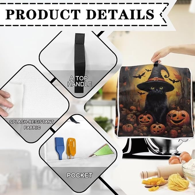 Halloween Mixer Covers - Black Cat Pumpkin Indoor Kitchen Decorations, Polyester Dustproof Cover with Pockets, Compatible with 4.5-5 Quart Stand Mixer