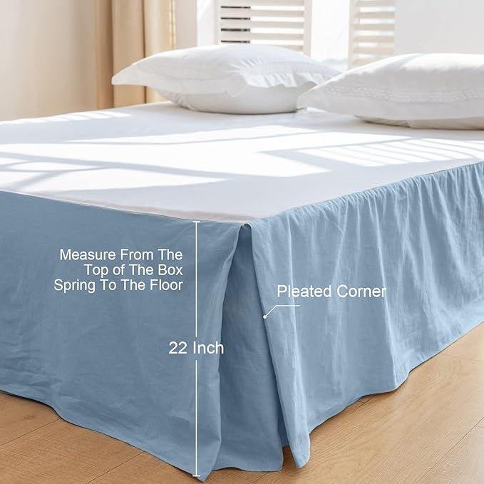 BISELINA French Linen Bed Skirt with Pleated Corner 22-Inch Tailored Drop Natural Flax Cotton Blend Basic Dust Ruffle Soft Cozy Farmhouse Bedding (22" King, Basic Dusty Blue)