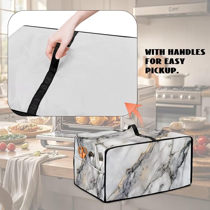 White Marble Texture Print Microwave Oven Dust Cover Sturdy Polyester-Linen Fabric Dust Cover for Microwave Oven Waterproof Universal Kitchen Appliance Protector, S