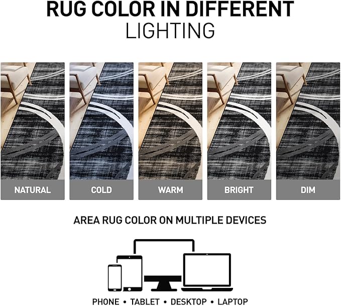 Rugshop Modern Wavy Circles Design Area Rug, Non-Shedding Carpet for Living Room, Large Bedroom, or Dining Room,Grand Room,Open Spaces Black, 8'8" x 12'