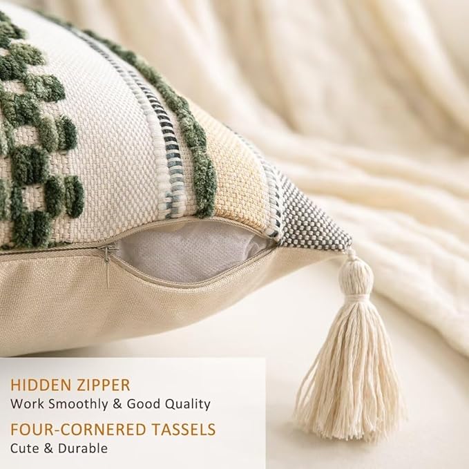 Boho Throw Pillow Covers 18x18 Set of 2 Woven Tufted Farmhouse Pillows Cover with Tassels Textured Striped Cushion Case Neutral Pillow Cases Decorative Pillowcase for Couch Bed,Dark Green