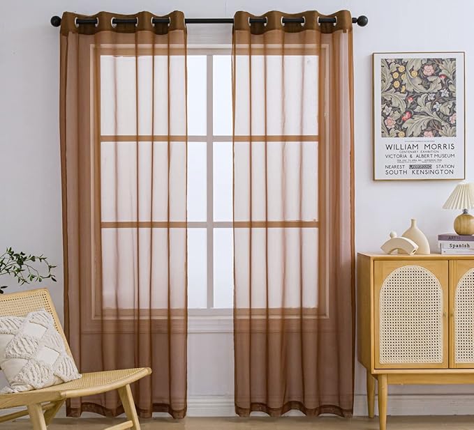 PI Tan Sheer Curtains 84 Inches Length with Rings Top,Lightweight Voile Textured Backdrop for Dinning Room/Living Room 2 Panels (W52XL84, Brown)