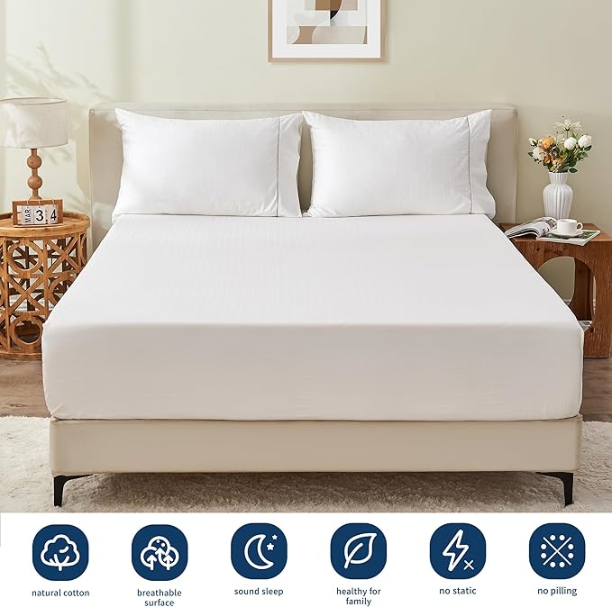 Sunflower Queen Fitted Sheet, 1-Piece Extra Deep Pocket Fitted Bottom Sheet 22", 100% Cotton Jacquard Damask Sheets Sateen Weave Soft Breathable, White Checkered