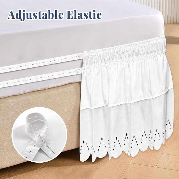Twin Bed Skirt, Double-Layered Ruffled Eyelet Bed Skirt, Wrap-Around Elastic Dust Ruffle Twin Size with Gathered Styling and Embroidered Details, 18" Drop Length (White)