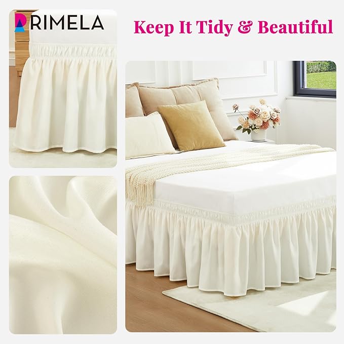 RIMELA Bed Skirt King Size Cream18 Inch Drop, Wrap Around Elastic Bedskirt, Dust Ruffle for Adjustable Bed Base Soft Durable Fabric Machine Washable Easy to Install Bed Skirts