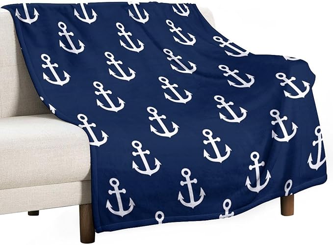 Anchor Blanket Vintage Rustic Ocean Nautical Style Navy Blue White Soft Cozy Lightweight Throw Blanket for Kids Girls Boys Women Men Bedroom Living Room Dorm Chair Sofa Travel 60x80in