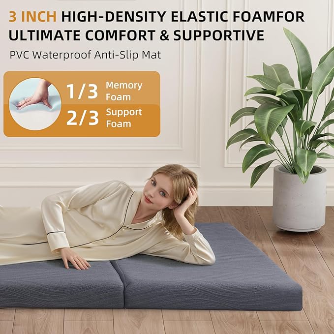 Foldable Memory Foam Mattress - 3 Inch Full Waterproof Collapsible Mattress with Washable Cover, Portable Guest Bed Pad, Sleeping Mat for Travel RV Camping Yoga, Non-Slip Bottom,75"x54"x3"
