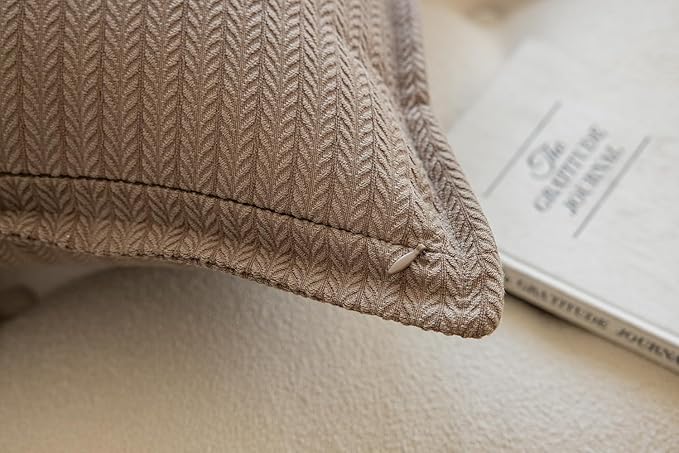 Set of 2 Cozy Striped Herringbone Flange Throw Pillow Covers, Aesthetic Embossed Pattern Pillow Covers for Couch and Bed - 20"x20", Taupe